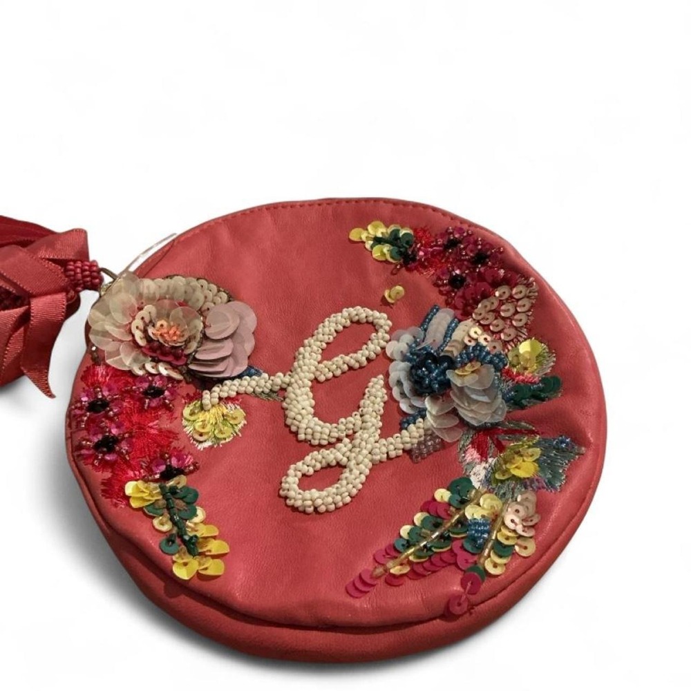 Anna Harley Russo Anthropologie Coin Makeup Purse Pink Like New Beaded Floral